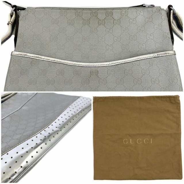 グッチ ショルダーバッグ シルバー GG 145857 美品 キャンバス レザー 中古 GUCCI 斜め掛け ファスナー GGキャンバス ヴィンテージ  軽量 ｜au PAY マーケット