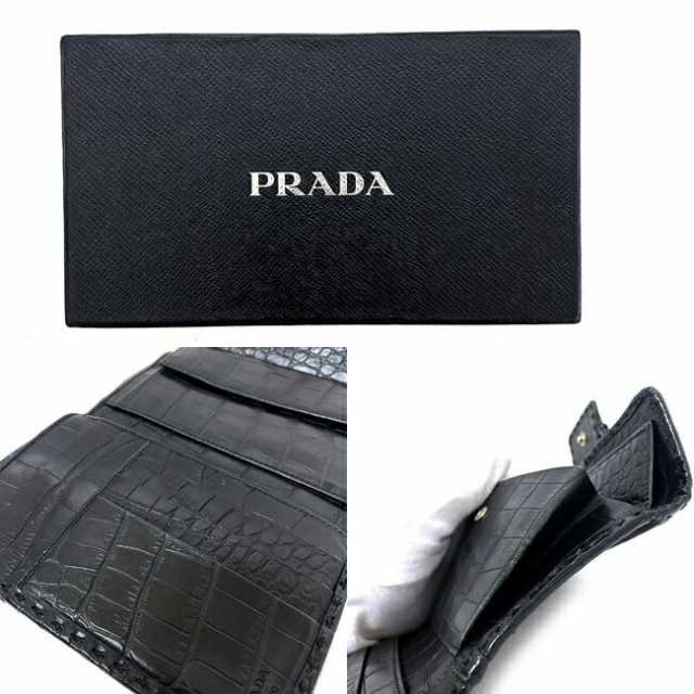 プラダ 三つ折り 財布 ブラック 美品 ナイロン レザー クロコ型押し 中古 PRADA 薄型 型押し クロコ ヴィンテージ ホック 折り財布  コン｜au PAY マーケット