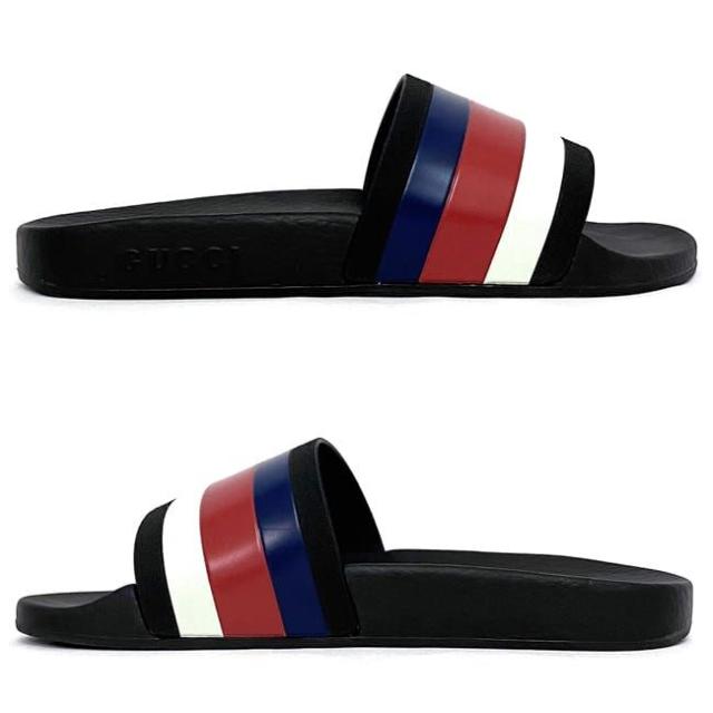 グッチ シャワー サンダル ブラック トリコロール 308234 未使用 26.0cm ラバー Sランク GUCCI 美品 シャワーサンダル 靴 メンズ ぺたんこ ストライプ ネイビー レッド ホワイト 定番 人気 アパレル ロゴ カジュアル ビーチ プール 箱付 ブランド 本物 鑑定済み