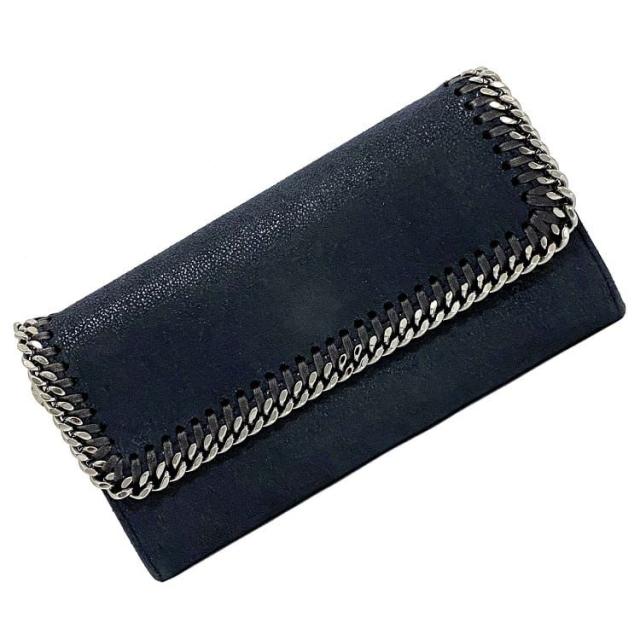 ステラマッカートニー 二つ折り 長財布 ネイビー シルバー ファラベラ 430999 財布 ポリエステル メタル 中古 STELLA McCARTNEY フラップ ホック チェーン チャーム 定番 人気 女性 レディース シンプル 無地 紺色 高級感 エレガンス ブランド 本物 鑑定済み