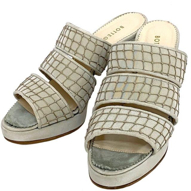 ボッテガ ヴェネタ ミュール サンダル グレー モスグリーン 美品 22.0cm 35 レザー サテン 中古 BOTTEGA VENETA 灰色 9cm ピンヒール ヒール ハイヒール レディース シューズ 靴 網 メッシュ アパレル お洒落 高級感 上品 エレガント 夏 ブランド 本物 鑑定済み