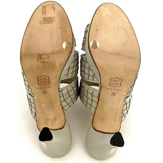 ボッテガ ヴェネタ ミュール サンダル グレー モスグリーン 美品 22.0cm 35 レザー サテン 中古 BOTTEGA VENETA 灰色 9cm ピンヒール ヒール ハイヒール レディース シューズ 靴 網 メッシュ アパレル お洒落 高級感 上品 エレガント 夏 ブランド 本物 鑑定済み