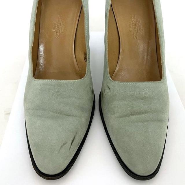 エルメス パンプス ヒール ミントグリーン ブラウン 24.0cm スエード レザー ウッド 中古 HERMES 8.5cm ヒール レディース ポインテッドトゥ ヴィンテージ シンプル シューズ アパレル 定番 人気 女性 通勤 通学 美脚 脚長 無地 高級感 ブランド 本物 鑑定済み