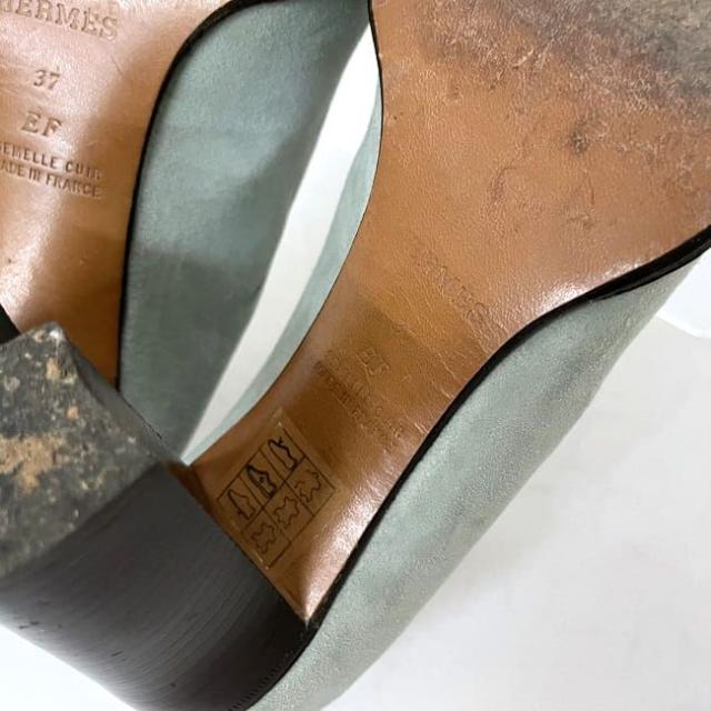 エルメス パンプス ヒール ミントグリーン ブラウン 24.0cm スエード レザー ウッド 中古 HERMES 8.5cm ヒール レディース ポインテッドトゥ ヴィンテージ シンプル シューズ アパレル 定番 人気 女性 通勤 通学 美脚 脚長 無地 高級感 ブランド 本物 鑑定済み