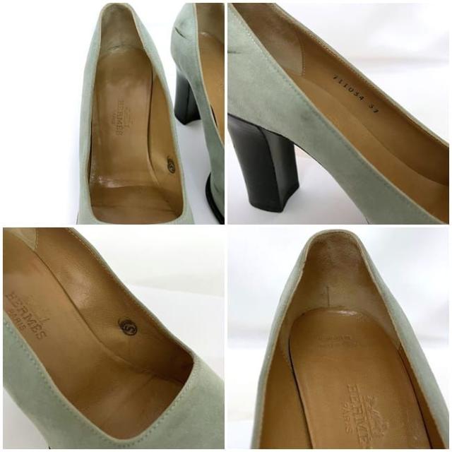 エルメス パンプス ヒール ミントグリーン ブラウン 24.0cm スエード レザー ウッド 中古 HERMES 8.5cm ヒール レディース ポインテッドトゥ ヴィンテージ シンプル シューズ アパレル 定番 人気 女性 通勤 通学 美脚 脚長 無地 高級感 ブランド 本物 鑑定済み