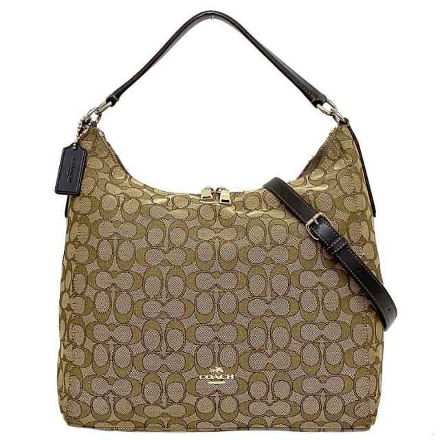 コーチ ２way バッグ ベージュ ブラウン シグネチャー F58327 ショルダーバッグ キャンバス レザー 中古 COACH 肩掛け ワンショルダー バッグ 茶色 レディース メンズ ファスナー マチ有 総柄 ロゴ お洒落 カジュアル トート 高級感 ブランド 本物 鑑定済みの通販は