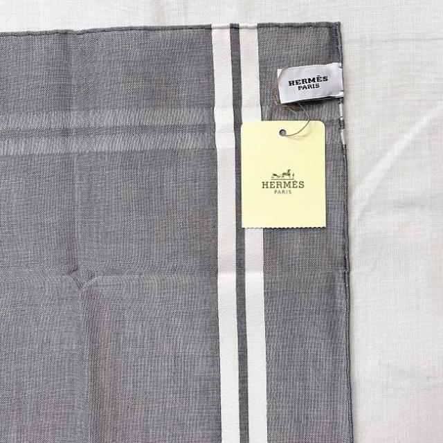 エルメス ハンカチ グレー ホワイト タグ付き 未使用 美品 コットン
