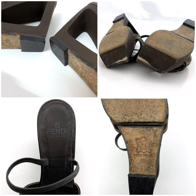フェンディ サンダル カーキ ブラウン ズッカ ヒール 22.5cm ナイロン レザー 中古 FENDI アパレル レディース FF ロゴ ヴィンテージ レア 通勤 通学 シューズ 靴 女性 レディース 美脚 脚長 革 茶色 シンプル カジュアル お洒落 高級感 ブランド 本物 鑑定済み