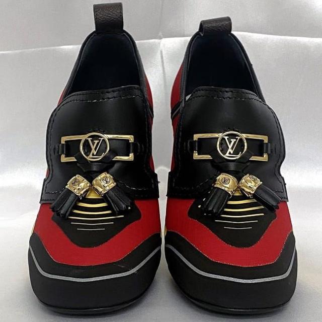 ルイ ヴィトン ローファー ブラック レッド イエロー モノグラム 美品 23.5cm 36 1/2 キャンバス レザー 中古 MA1129 LOUIS VUITTON ビットタッセル マルチカラー ヒール フラワーヒール アパレル 靴 高級感 エレガント 女性 レディース ブランド 本物 鑑定済み