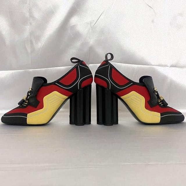 ルイ ヴィトン ローファー ブラック レッド イエロー モノグラム 美品 23.5cm 36 1/2 キャンバス レザー 中古 MA1129 LOUIS VUITTON ビットタッセル マルチカラー ヒール フラワーヒール アパレル 靴 高級感 エレガント 女性 レディース ブランド 本物 鑑定済み