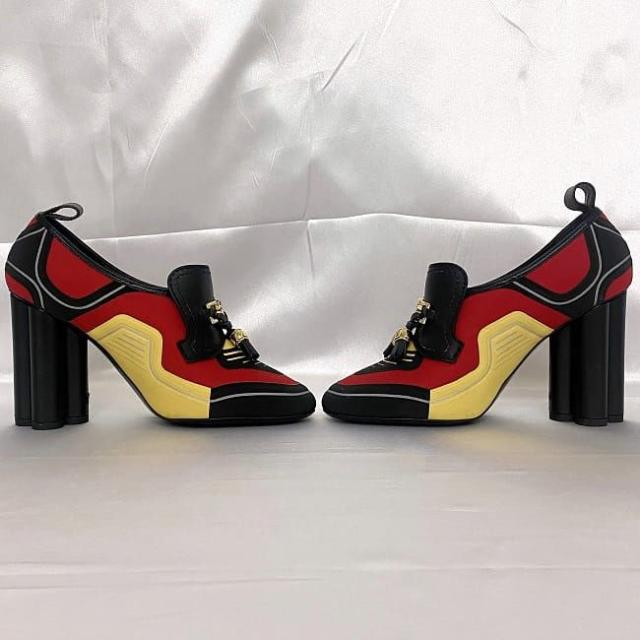 ルイ ヴィトン ローファー ブラック レッド イエロー モノグラム 美品 23.5cm 36 1/2 キャンバス レザー 中古 MA1129 LOUIS VUITTON ビットタッセル マルチカラー ヒール フラワーヒール アパレル 靴 高級感 エレガント 女性 レディース ブランド 本物 鑑定済み