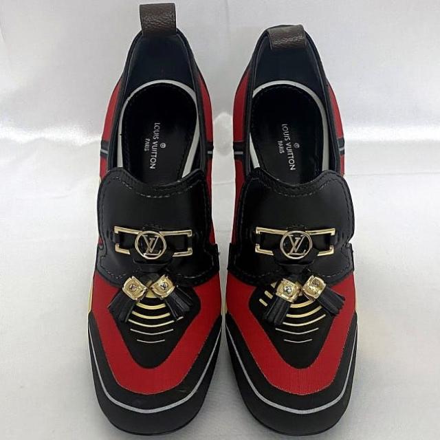 ルイ ヴィトン ローファー ブラック レッド イエロー モノグラム 美品 23.5cm 36 1/2 キャンバス レザー 中古 MA1129 LOUIS VUITTON ビットタッセル マルチカラー ヒール フラワーヒール アパレル 靴 高級感 エレガント 女性 レディース ブランド 本物 鑑定済み