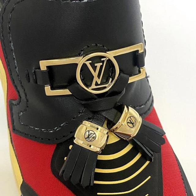 ルイ ヴィトン ローファー ブラック レッド イエロー モノグラム 美品 23.5cm 36 1/2 キャンバス レザー 中古 MA1129 LOUIS VUITTON ビットタッセル マルチカラー ヒール フラワーヒール アパレル 靴 高級感 エレガント 女性 レディース ブランド 本物 鑑定済み