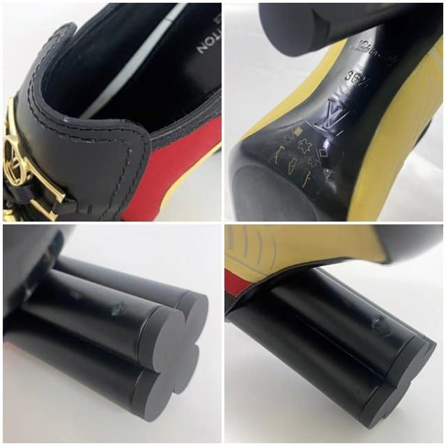 ルイ ヴィトン ローファー ブラック レッド イエロー モノグラム 美品 23.5cm 36 1/2 キャンバス レザー 中古 MA1129 LOUIS VUITTON ビットタッセル マルチカラー ヒール フラワーヒール アパレル 靴 高級感 エレガント 女性 レディース ブランド 本物 鑑定済み