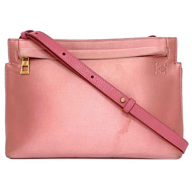 ロエベ Ｔポーチ ショルダーバッグ ピンク アナグラム 斜め掛け 2way サテン レザー 中古 LOEWE 斜め掛け ファスナー ワンポイント 定番 人気 女性 レディース ロゴ 革 シンプル お洒落 ゴールド金具 エレガント コンパクト 小さめ 上品 ブランド 本物 鑑定済み
