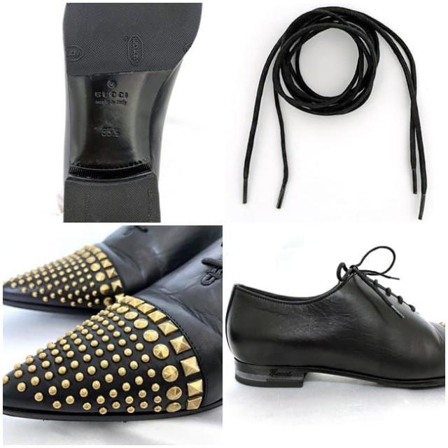 グッチ シューズ ブラック ec-20040 美品 22.5cm レディース レザー GP スタッズ 中古 GUCCI ポインテッドトゥ 靴 ローシューズ ローファー 黒 人気 女性 クラシック 上品 ブランドシューズ ゴールドスタッズ カジュアル お洒落 上品 ブランド 本物 鑑定済み