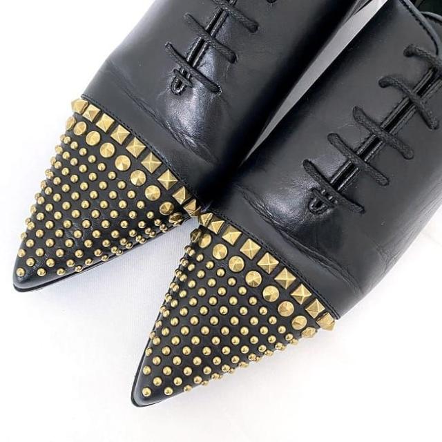 グッチ シューズ ブラック ec-20040 美品 22.5cm レディース レザー GP スタッズ 中古 GUCCI ポインテッドトゥ 靴 ローシューズ ローファー 黒 人気 女性 クラシック 上品 ブランドシューズ ゴールドスタッズ カジュアル お洒落 上品 ブランド 本物 鑑定済み