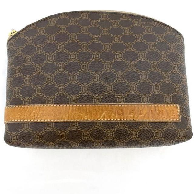 セリーヌ ポーチ ブラウン マカダム ec-20272 小物入れ PVC レザー 中古 M/00/2 CELINE ファスナー 総柄 ヴィンテージ ロゴ 定番 人気 女性 レディース コンパクト ミニ 革 小さめ 小物 茶色 シンプル お洒落 レトロ エレガント 高級感 ブランド 本物 鑑定済み