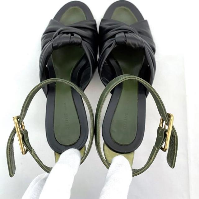 セリーヌ ヒール サンダル カーキ ブラック ec-20708 美品 22.0cm レザー 中古 CELINE 8cm レディース シーズ ヴィンテージ 定番 人気 女性 通勤 通学 黒 革 シンプル お洒落 エレガント 靴 脚長 美脚 シック ブランドシューズ 高級感 ブランド 本物 鑑定済み