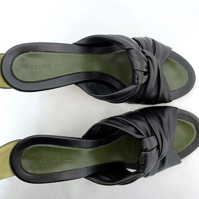 セリーヌ ヒール サンダル カーキ ブラック ec-20708 美品 22.0cm レザー 中古 CELINE 8cm レディース シーズ ヴィンテージ 定番 人気 女性 通勤 通学 黒 革 シンプル お洒落 エレガント 靴 脚長 美脚 シック ブランドシューズ 高級感 ブランド 本物 鑑定済み