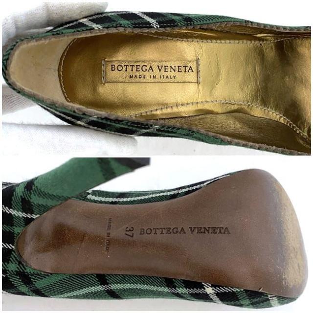ボッテガヴェネタ パンプス グリーン チェック 美品 24.0cm キャンバス レザー 中古 BOTTEGA VENETA ピンヒール レディース 靴 アパレル 定番 人気 女性 緑色 チェック柄 ヒール お洒落 カジュアル 革 ブランドシューズ エレガント 上品 ブランド 本物 鑑定済み