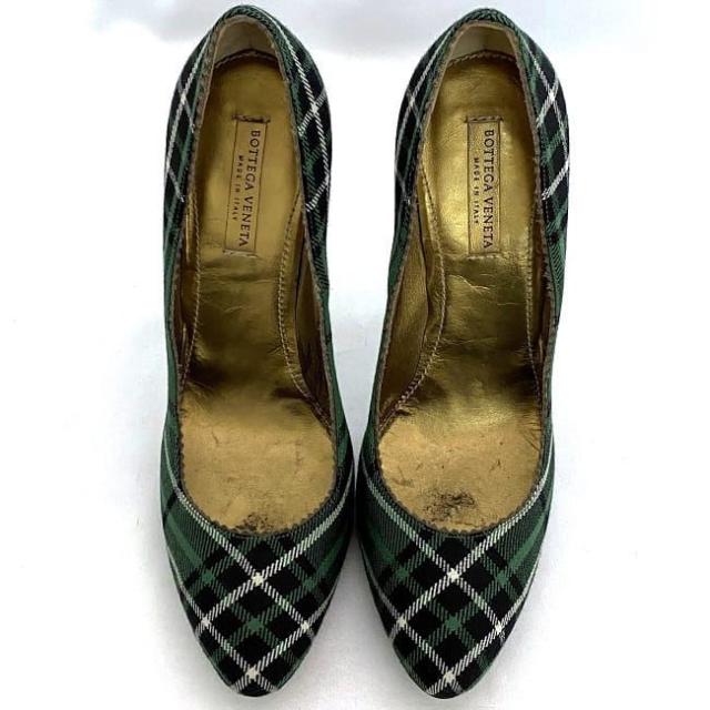 ボッテガヴェネタ パンプス グリーン チェック 美品 24.0cm キャンバス レザー 中古 BOTTEGA VENETA ピンヒール レディース 靴 アパレル 定番 人気 女性 緑色 チェック柄 ヒール お洒落 カジュアル 革 ブランドシューズ エレガント 上品 ブランド 本物 鑑定済み