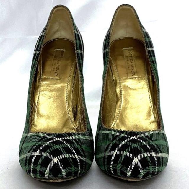 ボッテガヴェネタ パンプス グリーン チェック 美品 24.0cm キャンバス レザー 中古 BOTTEGA VENETA ピンヒール レディース 靴 アパレル 定番 人気 女性 緑色 チェック柄 ヒール お洒落 カジュアル 革 ブランドシューズ エレガント 上品 ブランド 本物 鑑定済み