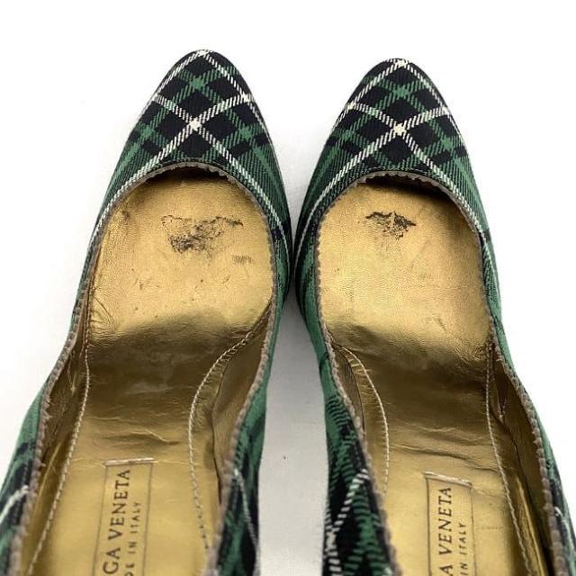 ボッテガヴェネタ パンプス グリーン チェック 美品 24.0cm キャンバス レザー 中古 BOTTEGA VENETA ピンヒール レディース 靴 アパレル 定番 人気 女性 緑色 チェック柄 ヒール お洒落 カジュアル 革 ブランドシューズ エレガント 上品 ブランド 本物 鑑定済み