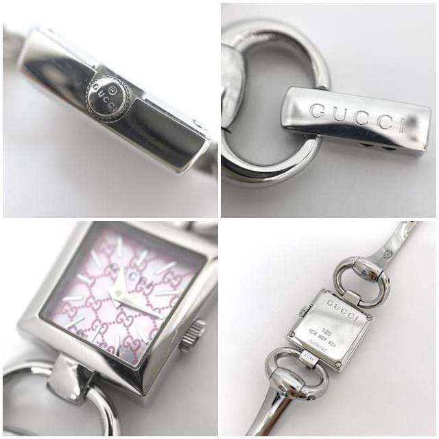 グッチ 腕時計 トルナヴァーニ ピンクシェル シルバー YA120515 f-20453 美品 時計 スクエア SS 中古 クオーツ GUCCI シェル文字盤  GG マイクロ 電池式 レディース 女性 箱有 箱付き フォーマル ビジネス 人気 お洒落 ブランド小物 ブランド 本物 鑑定済みの通販は
