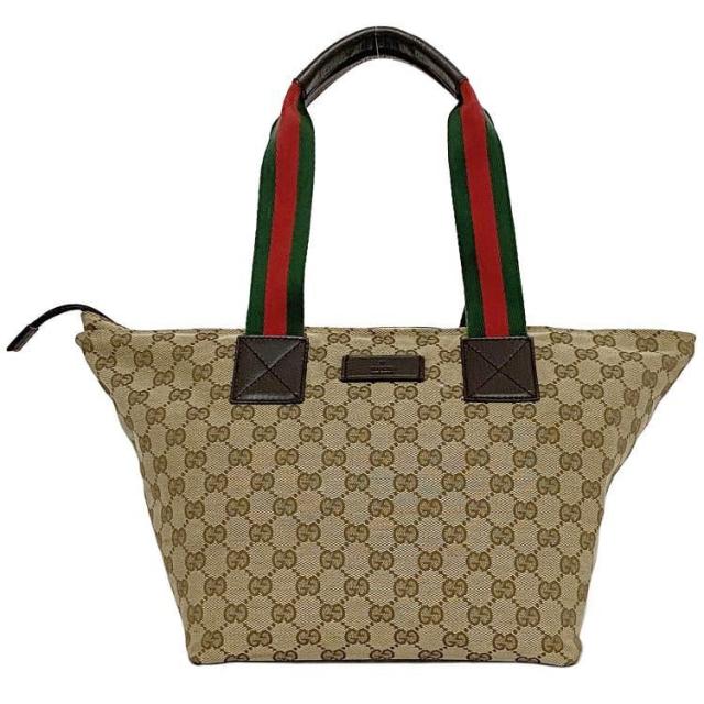 グッチ ハンドバッグ ec-21006 ベージュ ブラウン シェリー 131230 美品 キャンバス レザー 中古 GUCCI ヴィンテージ ファスナー トートバッグ 定番 人気 GG ロゴ 総柄 軽い 男性 女性 布地バッグ マチ有 ストライプ 緑 赤 ブランド 本物 鑑定済みの通販は 39,800円