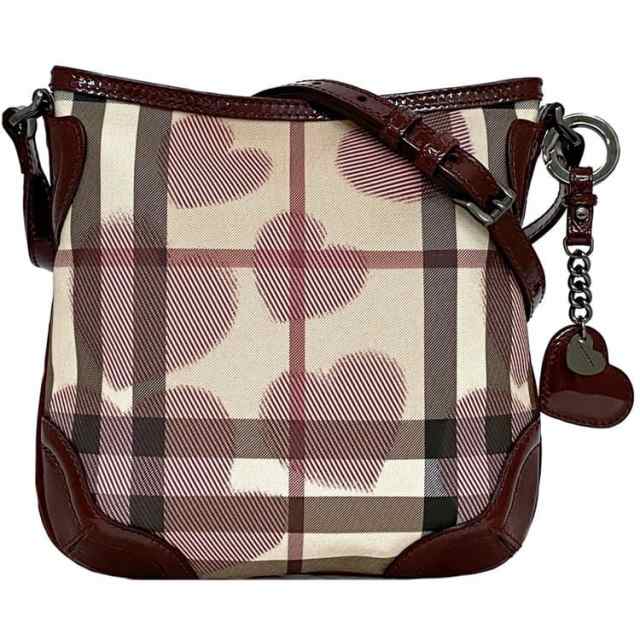 バーバリー ショルダーバッグ ec-21040 ボルドー ベージュ チェック 美品 ハート PVC パテントレザー 中古 BURBERRY 斜め掛け ロゴ チャ