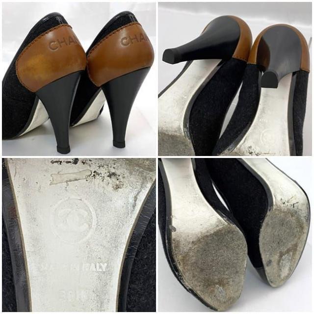 シャネル パンプス ec-21061 ブラック ブラウン 美品 23.5cm レザー ウール 中古 CHANEL アパレル ピンヒール レディース シューズ 靴 ロゴ ヴィンテージ レア ヒール 革 バックロゴ 黒 茶色 10cmヒール ハイヒール ブランド 本物 鑑定済み