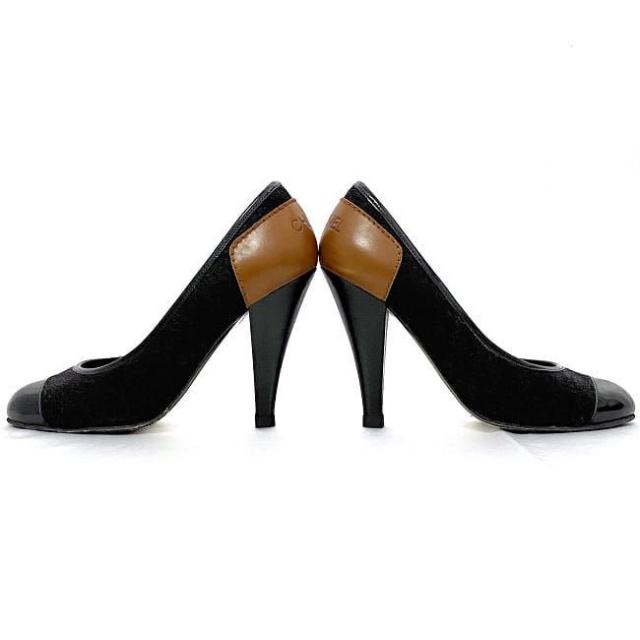 シャネル パンプス ec-21061 ブラック ブラウン 美品 23.5cm レザー ウール 中古 CHANEL アパレル ピンヒール レディース シューズ 靴 ロゴ ヴィンテージ レア ヒール 革 バックロゴ 黒 茶色 10cmヒール ハイヒール ブランド 本物 鑑定済み