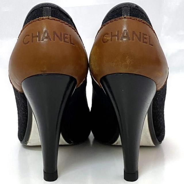 シャネル パンプス ec-21061 ブラック ブラウン 美品 23.5cm レザー ウール 中古 CHANEL アパレル ピンヒール レディース シューズ 靴 ロゴ ヴィンテージ レア ヒール 革 バックロゴ 黒 茶色 10cmヒール ハイヒール ブランド 本物 鑑定済み