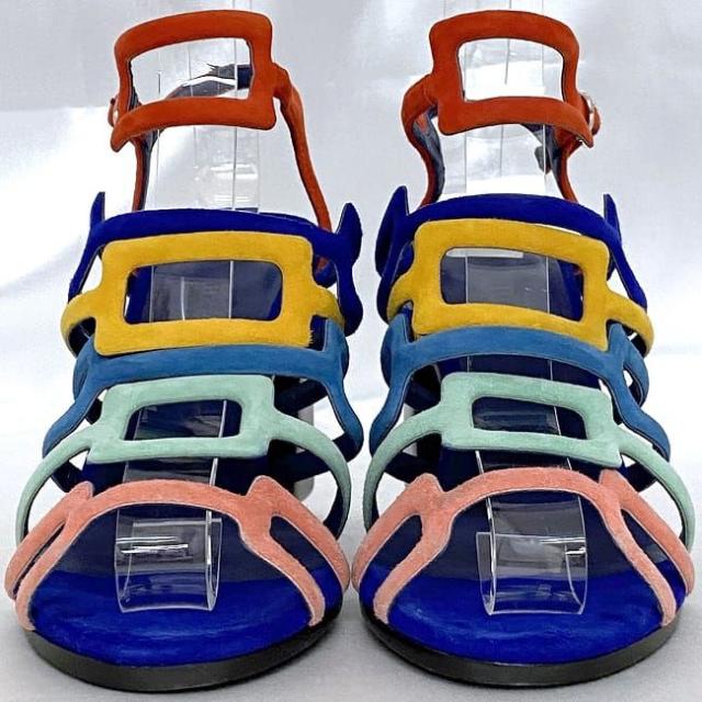 エルメス サンダル ec-21356 ネイビー マルチカラー 141157Z 3H 350 美品 22.5cm レザー スエード 中古 HERMES アパレル ヴィンテージ レディース シューズ 靴 カラフル ビビッド 定番 人気 お洒落 女性 ヒール 箱付き カジュアル ブランド 本物 鑑定済み