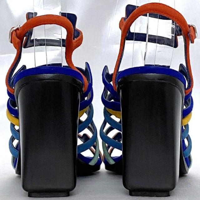 エルメス サンダル ec-21356 ネイビー マルチカラー 141157Z 3H 350 美品 22.5cm レザー スエード 中古 HERMES アパレル ヴィンテージ レディース シューズ 靴 カラフル ビビッド 定番 人気 お洒落 女性 ヒール 箱付き カジュアル ブランド 本物 鑑定済み