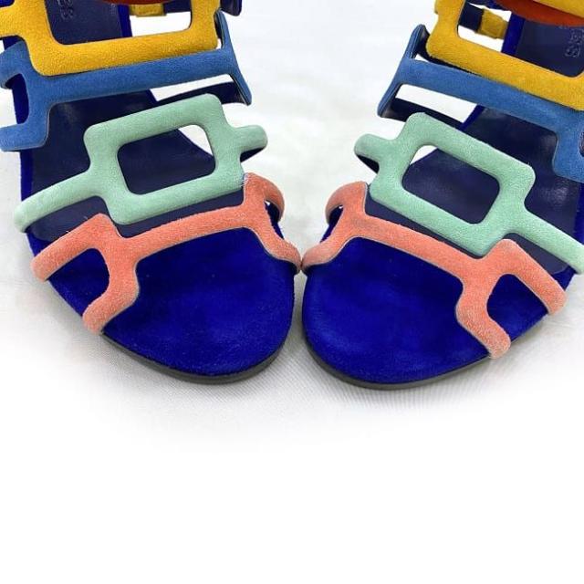 エルメス サンダル ec-21356 ネイビー マルチカラー 141157Z 3H 350 美品 22.5cm レザー スエード 中古 HERMES アパレル ヴィンテージ レディース シューズ 靴 カラフル ビビッド 定番 人気 お洒落 女性 ヒール 箱付き カジュアル ブランド 本物 鑑定済み