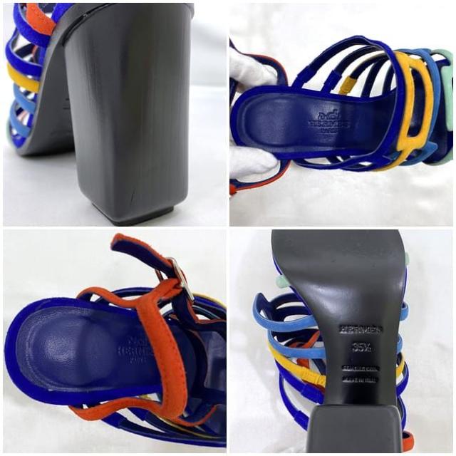 エルメス サンダル ec-21356 ネイビー マルチカラー 141157Z 3H 350 美品 22.5cm レザー スエード 中古 HERMES アパレル ヴィンテージ レディース シューズ 靴 カラフル ビビッド 定番 人気 お洒落 女性 ヒール 箱付き カジュアル ブランド 本物 鑑定済み