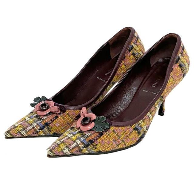 ミュウミュウ パンプス ec-21587 ボルドー イエロー マルチカラー 美品 靴 23.0cm レザー ツイード 中古 miu miu アパレル ピンヒール レディース シューズ 定番 人気 女性 レディース 革 お洒落 通勤 通学 箱付き 黄色 ヒール 高級感 ブランド 本物 鑑定済みの通販は