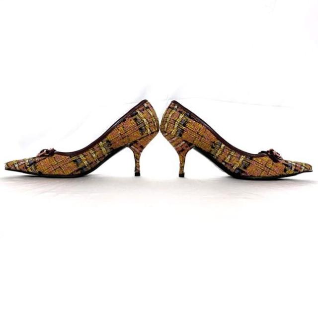 ミュウミュウ パンプス ec-21587 ボルドー イエロー マルチカラー 美品 靴 23.0cm レザー ツイード 中古 miu miu アパレル ピンヒール レディース シューズ 定番 人気 女性 レディース 革 お洒落 通勤 通学 箱付き 黄色 ヒール 高級感 ブランド 本物 鑑定済み