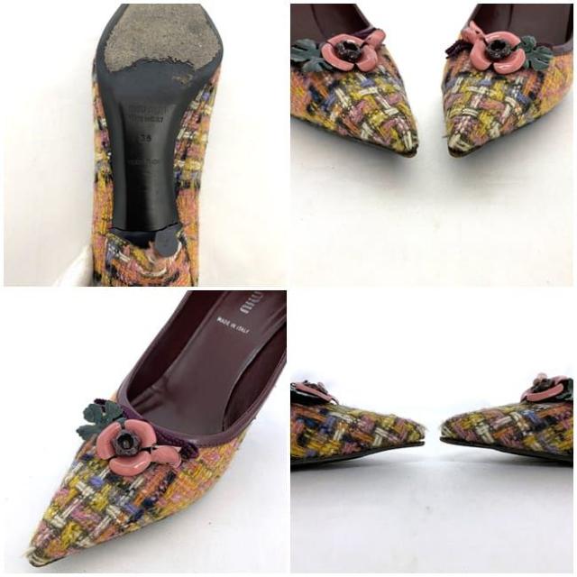 ミュウミュウ パンプス ec-21587 ボルドー イエロー マルチカラー 美品 靴 23.0cm レザー ツイード 中古 miu miu アパレル ピンヒール レディース シューズ 定番 人気 女性 レディース 革 お洒落 通勤 通学 箱付き 黄色 ヒール 高級感 ブランド 本物 鑑定済み