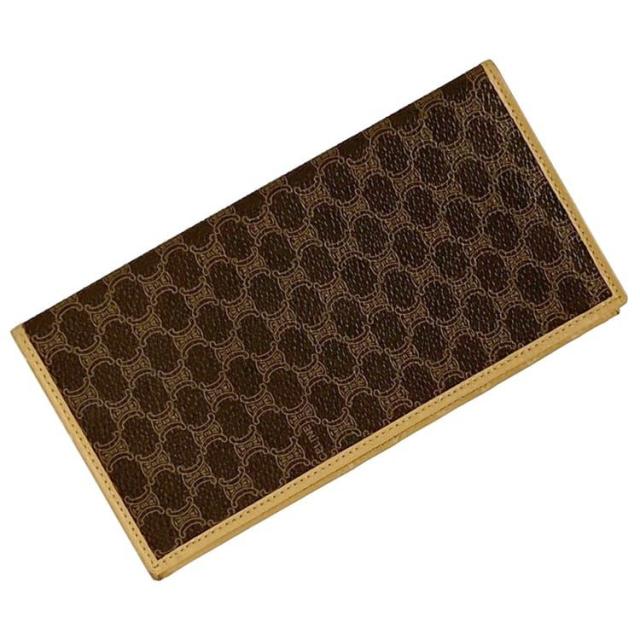 セリーヌ 二つ折り 長財布 ec-21653 ブラウン ベージュ マカダム 美品 財布 札入 PVC レザー 中古 M12 CELINE 総柄 薄い 小銭入れなし ヴィンテージ ロゴ 定番 人気 レディース 革 お洒落 薄型 小物 ロング ウォレット エレガント 上品 ブランド 本物 鑑定済み