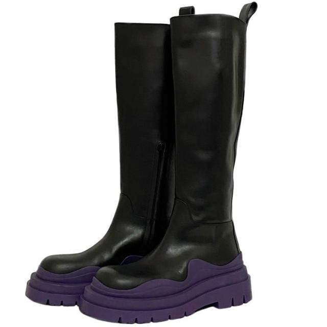 ボッテガヴェネタ ロングブーツ ec-21731 ブラック パープル 37 24.0cm 美品 レザー 中古 BOTTEGA VENETA アパレル サイドゴ バイカラー ファスナー 本革 黒 紫 人気 定番 レディース 女性 お洒落 上品 シンプル 高級感 ブーツ ブランド 本物 鑑定済み