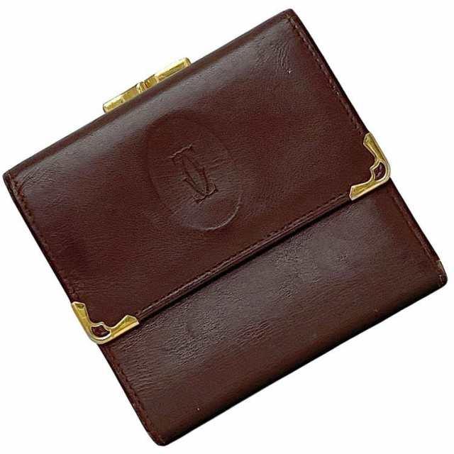 カルティエ 三つ折り がま口 財布 ec-21807 ボルドー マスト L3000039 ガマグチ コンパクト レザー 中古 Cartier 折り財布 ホック ロゴ ヴィンテージ ワンポイント 定番 人気 ミニ コンパクト 革 レディース シンプル お洒落ブランド 本物 鑑定済みの通販は