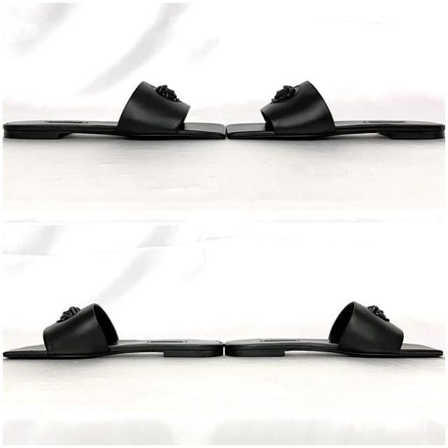 ヴェルサーチ サンダル ec-21848 ブラック メデューサ DST619C DVT2P 未使用 美品 23.5cm レザー Sランク VERSACE アパレル 黒 ロゴ フラット ミュール レディース メンズ スクエア 靴 ぺたんこ シンプル シューズ 箱付き ブランド 本物 鑑定済み