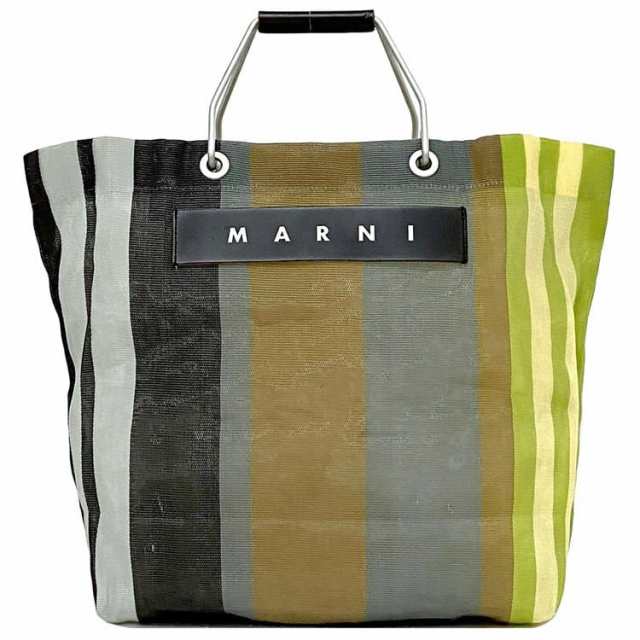 マルニ トートバッグ ec-21916 グリーン グレー ブラウン ストライプ 美品 ナイロン アルミ 中古 MARNI シンプル 軽い メッシュトート 定番 人気 女性 レディース トート メッシュ お洒落 カジュアル カラフル 大きい エレガント 上品 ブランド 本物 鑑定済みの通販は