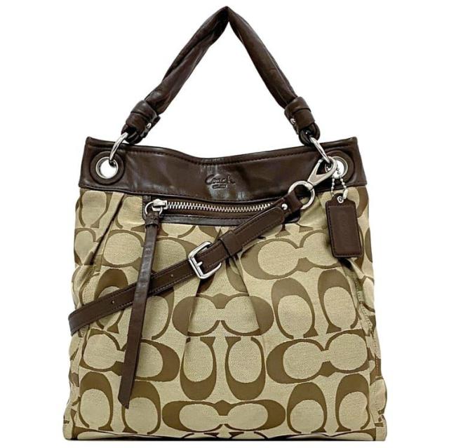 コーチ ２way ショルダーバッグ ec-21919 ベージュ ブラウン シグネチャー F15201 美品 キャンバス レザー 中古 COACH 肩掛け 軽い 大容量 ロゴ セミショルダー ワンショルダー 定番 人気 レディース バッグ 革 通勤 通学 お洒落 上品 ブランド 本物 鑑定済み