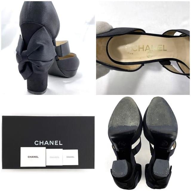 シャネル ヒール ec-22079 ブラック 美品 23.0cm サテン 中古 CHANEL ヴィンテージ リボン 靴 シューズ レディース ハイヒール 人気 定番 お洒落 シンプル 高級感 上品 エレガント 女性 レディース 黒 可愛い パーティー ワンポイント ブランド 本物 鑑定済み