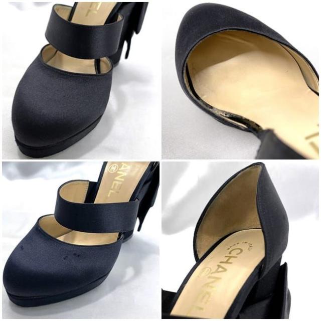 シャネル ヒール ec-22079 ブラック 美品 23.0cm サテン 中古 CHANEL ヴィンテージ リボン 靴 シューズ レディース ハイヒール 人気 定番 お洒落 シンプル 高級感 上品 エレガント 女性 レディース 黒 可愛い パーティー ワンポイント ブランド 本物 鑑定済み