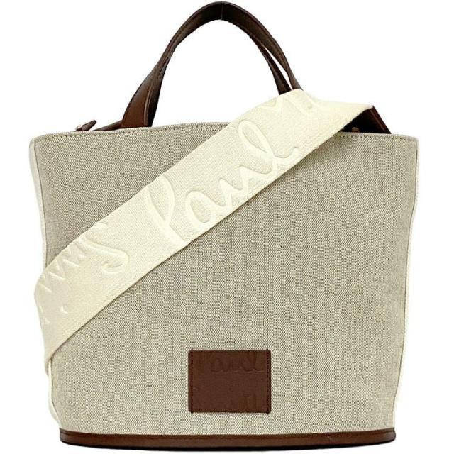 ポールスミス 巾着 ２way バッグ ec-22140 ナチュラル ホワイト ブラウン APW621 0871 0323 美品 バケットバッグ キャンバス リネン レザー 牛革 中古 Paul Smith 自立  ロゴ 太ショルダー 肩掛け ハンドバッグ レディース メンズ ブランド 本物 鑑定済み